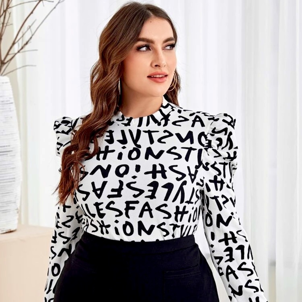 SHEIN Plus Mock Neck Gigot Sleeve Graphic Top